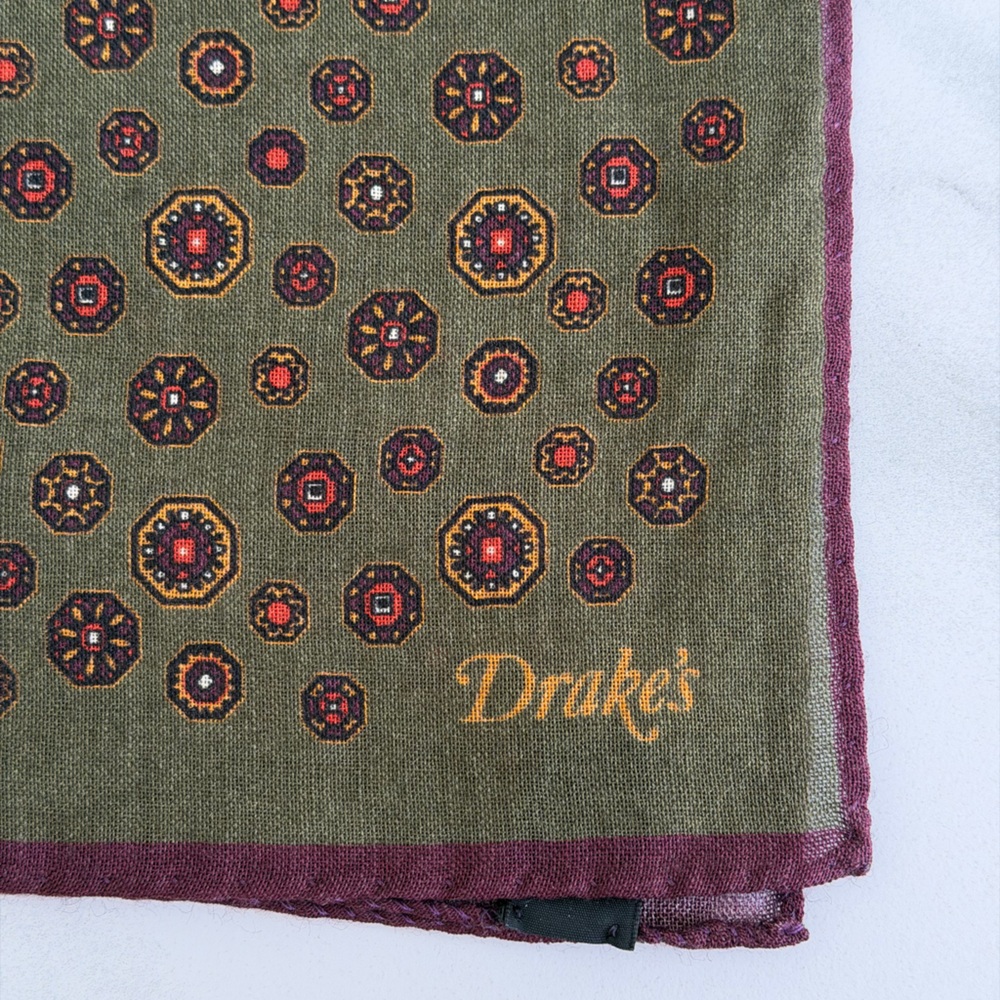 Drakes Olive and Burgundy Patterned Men's Pocket Square